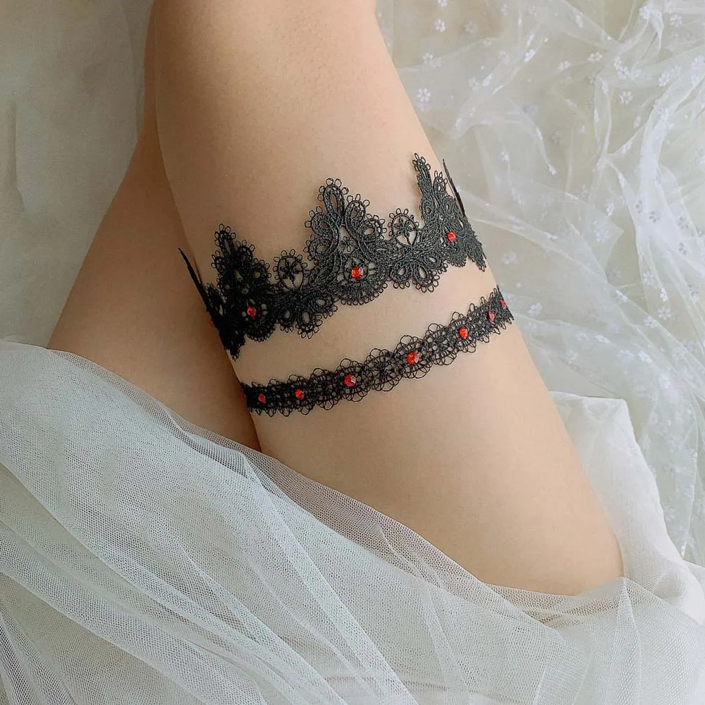 

Women Girl Princess Black Cosplay Wedding Party Bridal Lace Red CrystalsLeg Ring Loop Stocking Garter Belt
