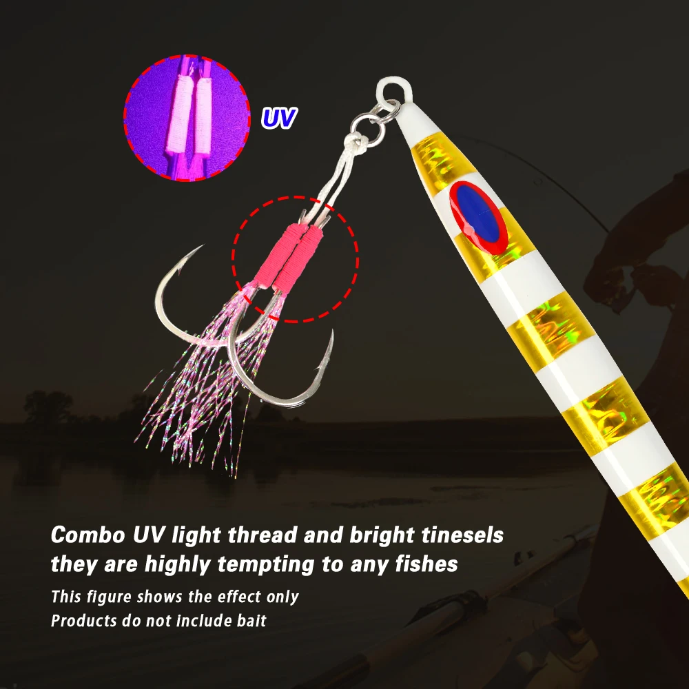TL 10개/가방 UV 보조 후크 8  -22    고탄소 강철 쌍둥이 낚시 후크 캐스트 지그 스레드 깃털이 있는 가시 지그 후크
