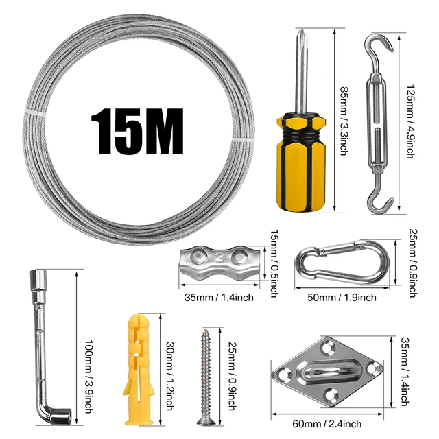 Shade Sail Hardware Kit 15 Méteres Kábelhuzal -Rozsdamentes Acél Napellenző Lombkorona Telepítő Készlet Turnbuckles Szemhorog A Kerthez - Image 3