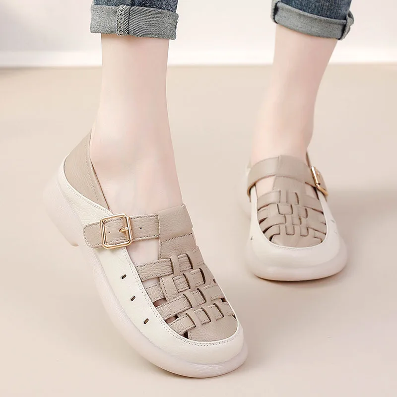 Handmade woven flats women's low heels shoes genuine leather loafer mother comfort T strap shoes woman autumn buckle flats wide