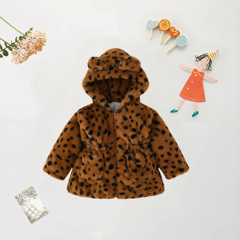 Winter Baby Girl Warm Thick Coat Fur Hooded Leopard Print Children's Cute Parka Coat Baby Girl Zipper (0-3 Years Old)