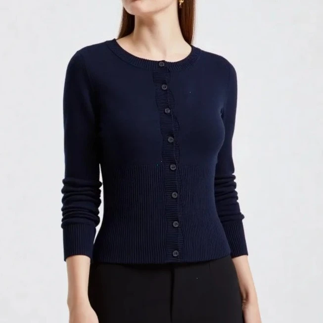 2025 Long Sleeve Ribbed Patchwork Slim Elegant Loose Casual Knit Cardigan Top for Women Cropped Top Female Knitwear Cardigan