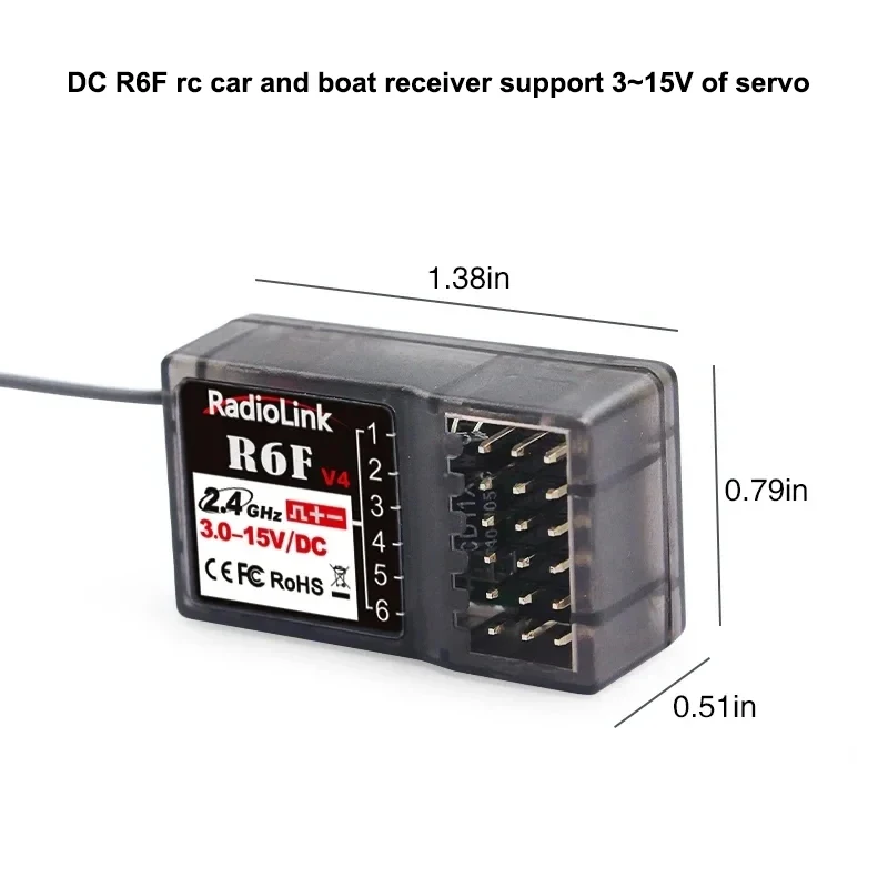 Connexion du récepteur Radiolink R6F à un récepteur RC, mise en évidence de la compatibilité avec les émetteurs RC6GS, RC4GS, RC4G et T8FB