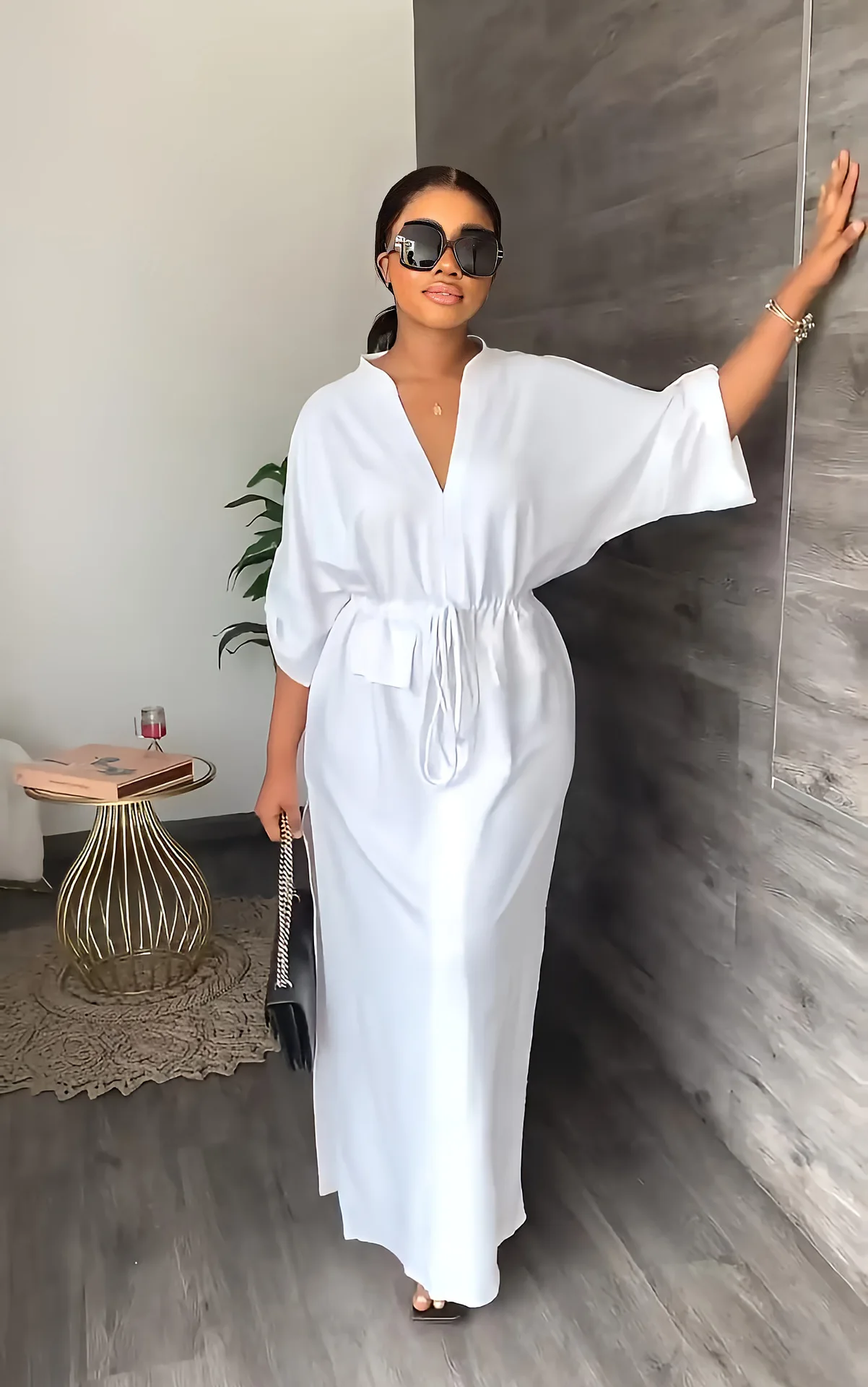 

Clothing 2023 New Arrival Summer Solid V-neck Pleated Streetwear Fashion Casual Cute Women Long Maxi Dresses Elegant Vestidos