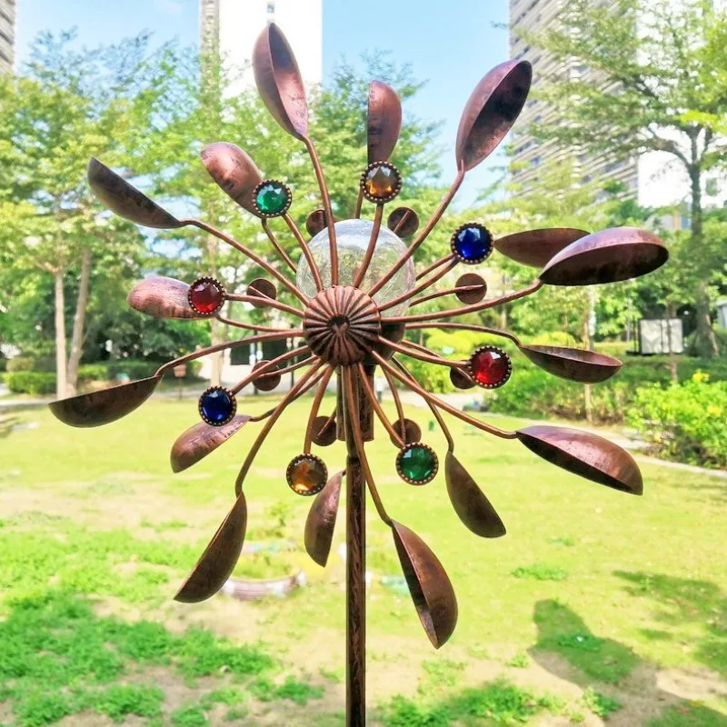 Garden Solar Powered Wind Spinners Glass Iron Windmill Solar Powered Bronze Metal Art Craft Garden Yard Landscape Decoration