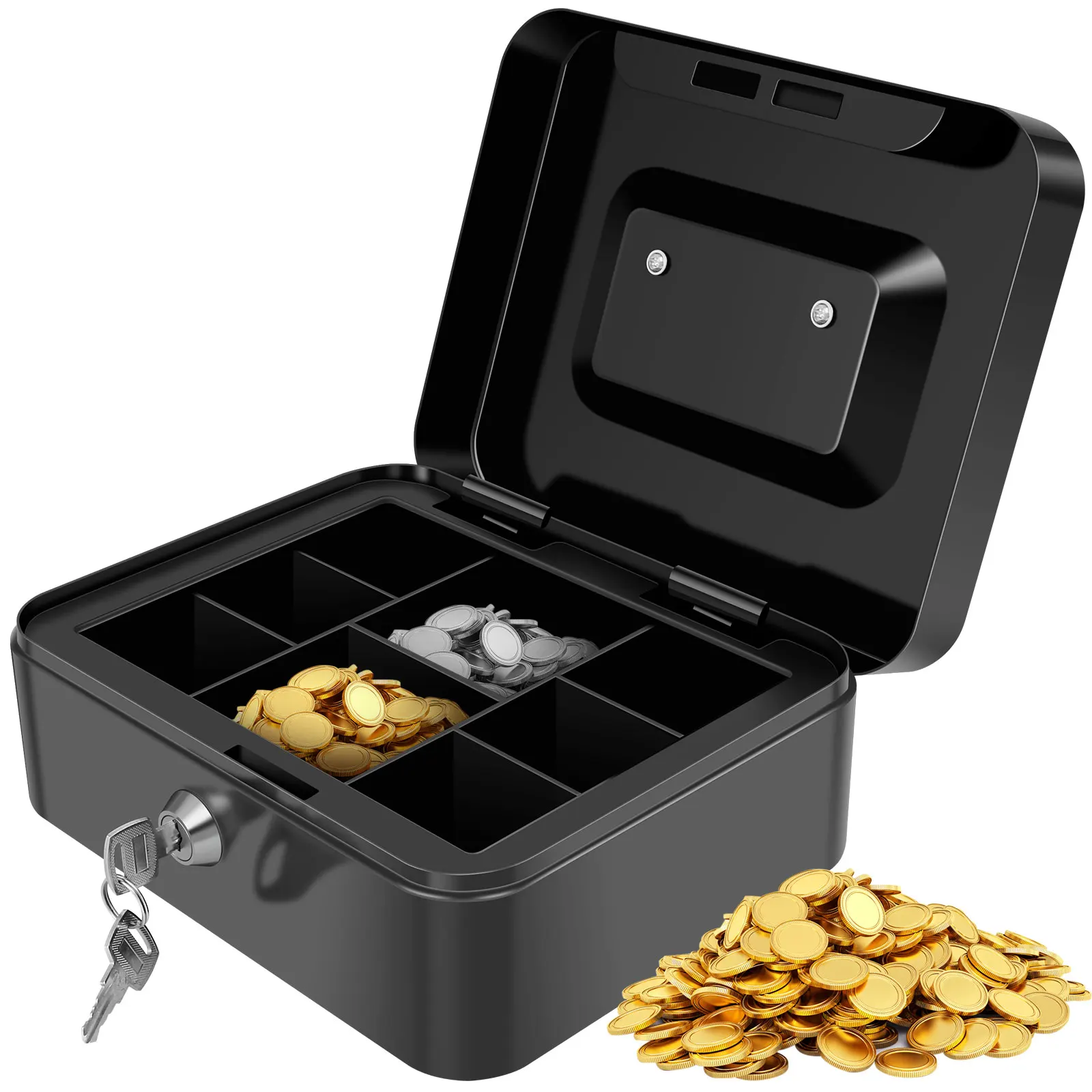 

Cash Box with Money Tray and Lock Metal Money Box with 8 Compartment Tray 7.8×6.2×3.5 Inches Portable Metal Cash Storage Box