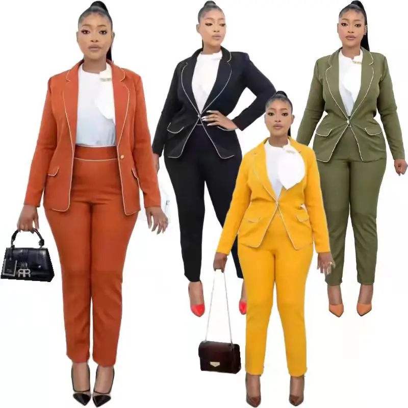 Women's 2 Pieces Sets 2023 Elegant Outfits Long Sleeve Solid Color Open Front Blazers + Pants Casual Office Ladies Pant Sets