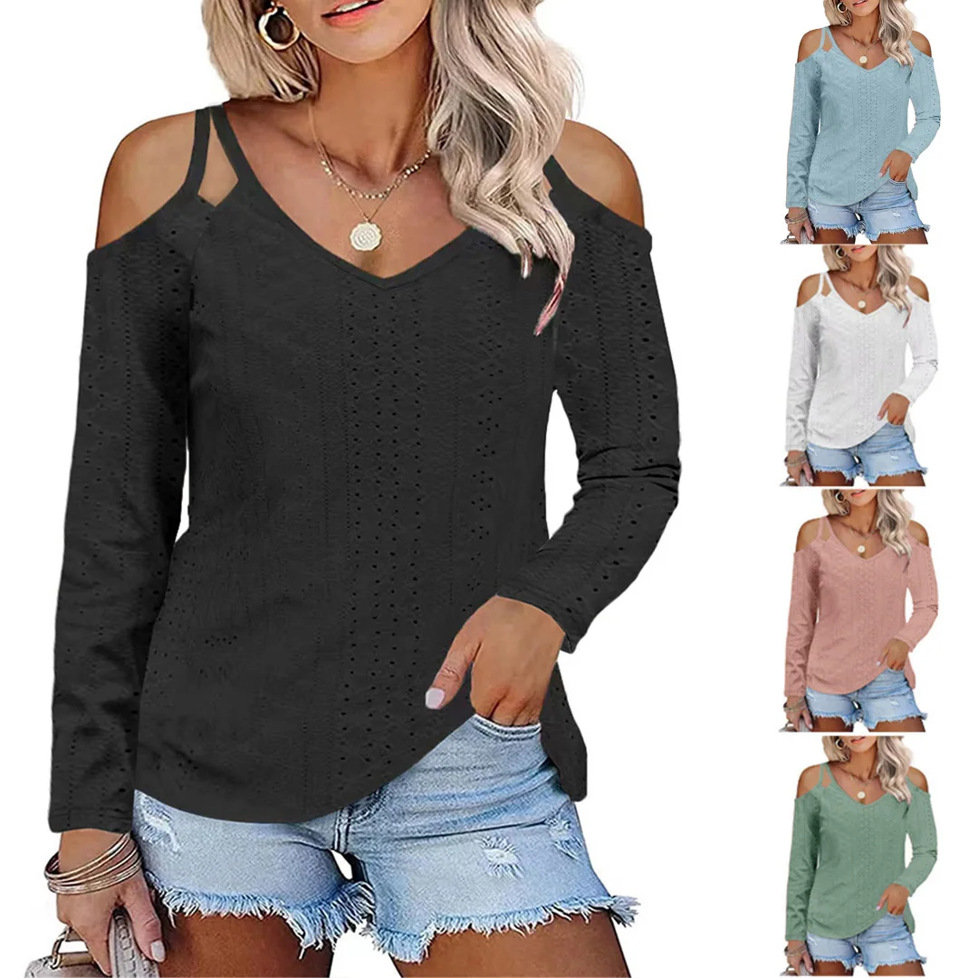 

T-shirt for Female Spring and Summer Fashion New Solid Color V-neck Strapless Hollowed Out Casual Blouse