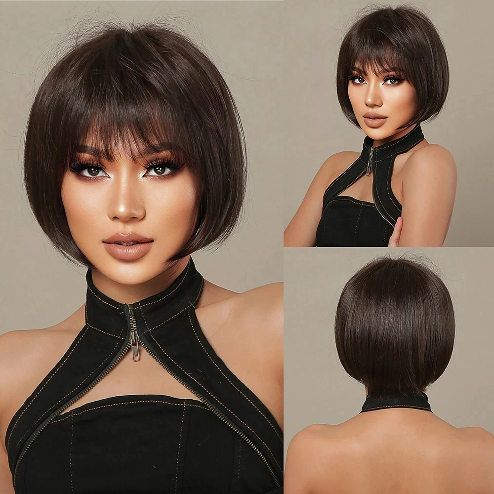 Real Human Hair Costume Wig Short Straight Natural Straight Bob Layered Haircut Neat Bang With Bangs