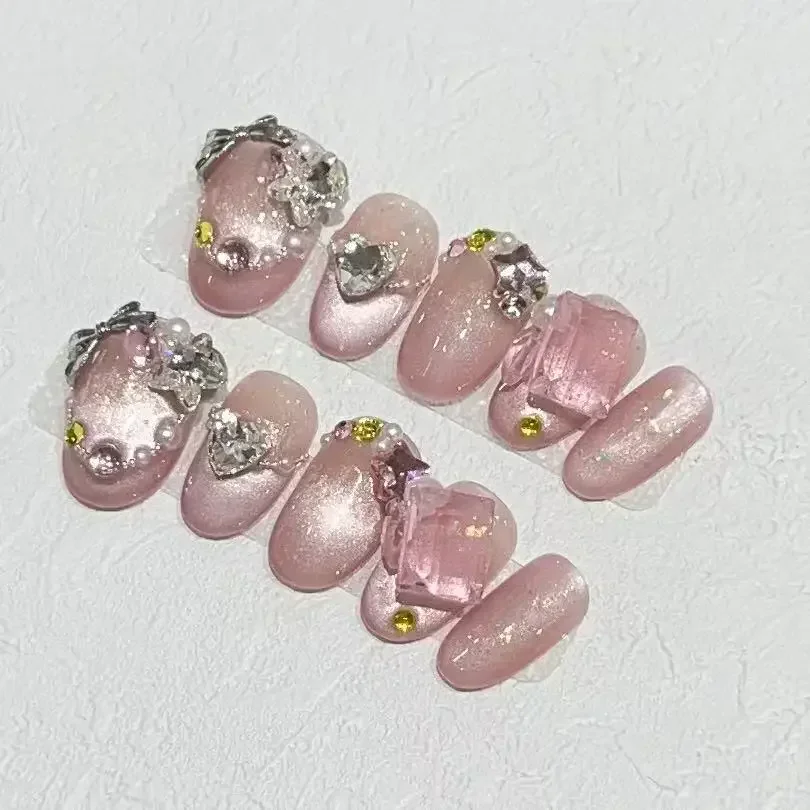 10-Piece Handmade Pink Rhinestone French Manicure Press-On Nail Set