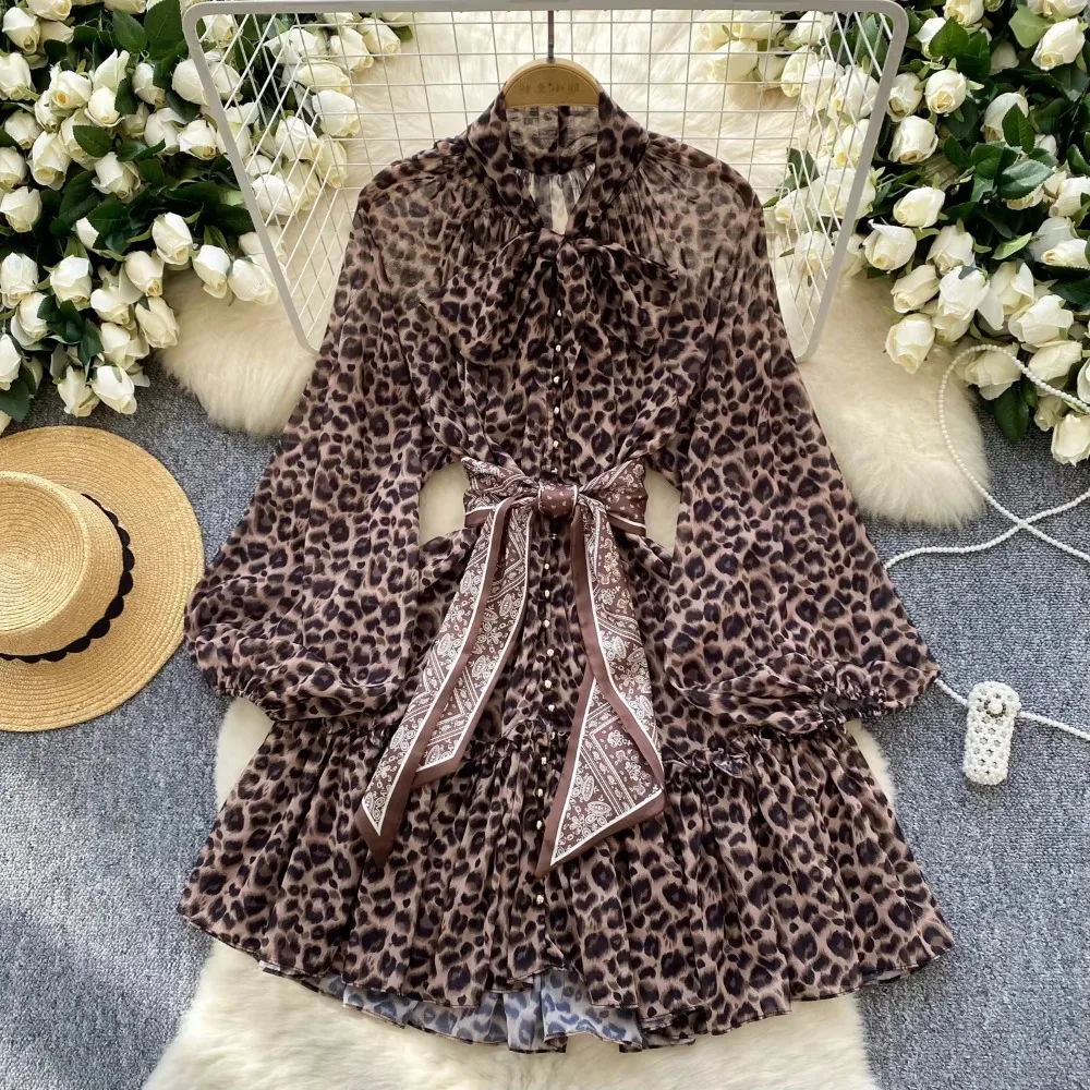 Elegant Bandage Vintage Long Lantern Sleeve Chic Leopard Slim Mesh Short  A-line Dress French Evening High Street Autumn Clothing - AliExpress  200000345