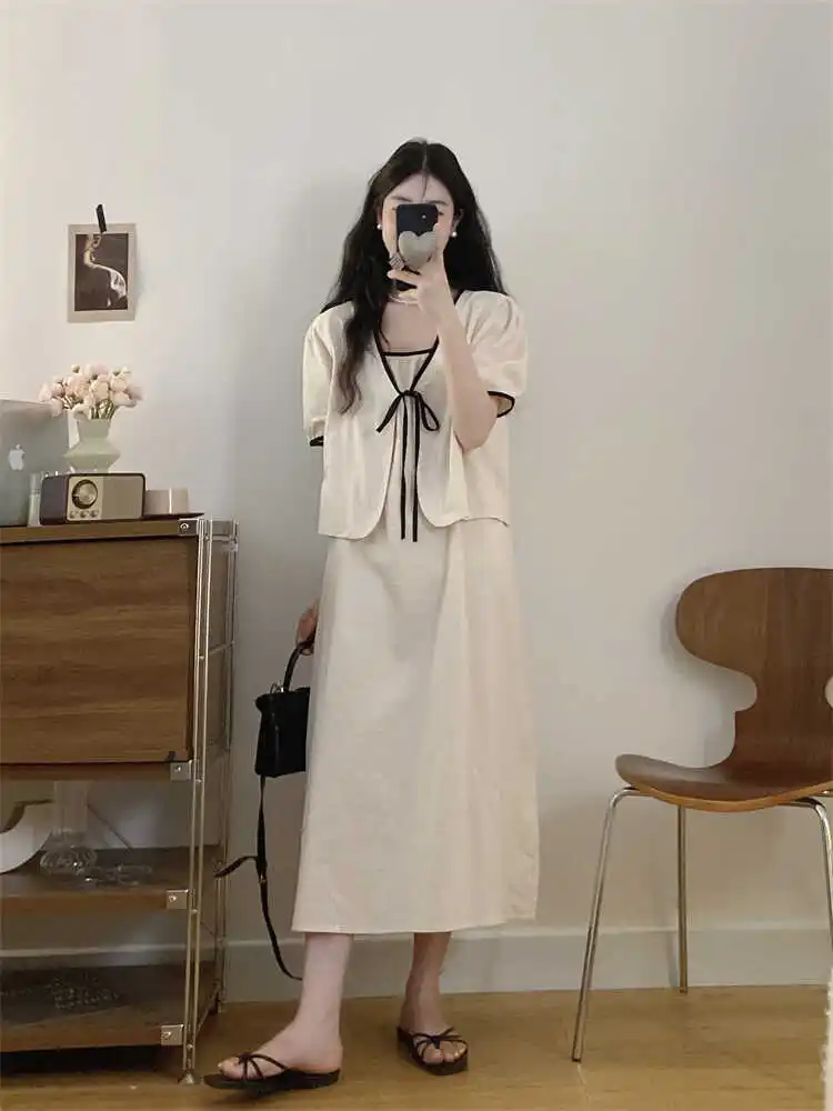 Plus size Chubby Girl Summer Western Sle Sweet Casual Temperament Short sleeve Cardigan Suspender Skirt Dress Fashion Set W...