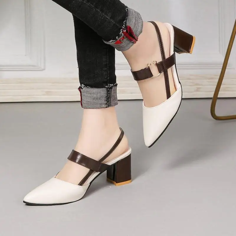 Women's High Heels Sandals Summer Pointed Toe Lady Pumps Buckle Design Shoes for Women Thick Casual Lady Fashion Sandalias