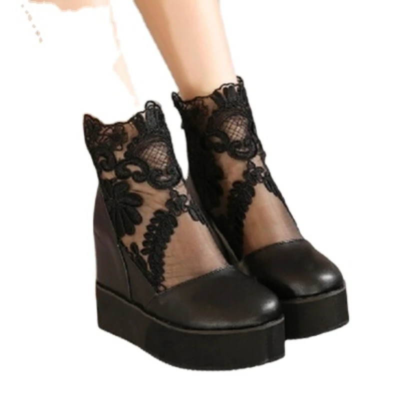 Fashion Women Lace Shoes Wedge Heels Platform Pumps Sandals High Heel Shoes Women's Platform Lace 3 Colors women high heels,platform high heels sandals,platform sandals
