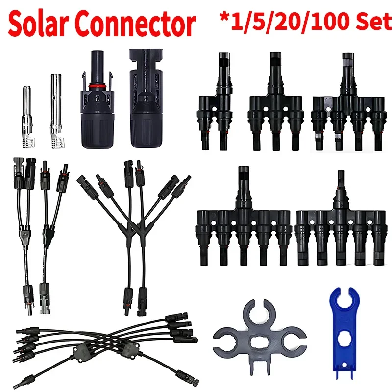 

Photovoltaic Solar PV Connector Y Type T Type 30A 50A 1000V 1500V 3 4 5 6 7 Way Branch Connector Kit Wrench Battery Module Panel