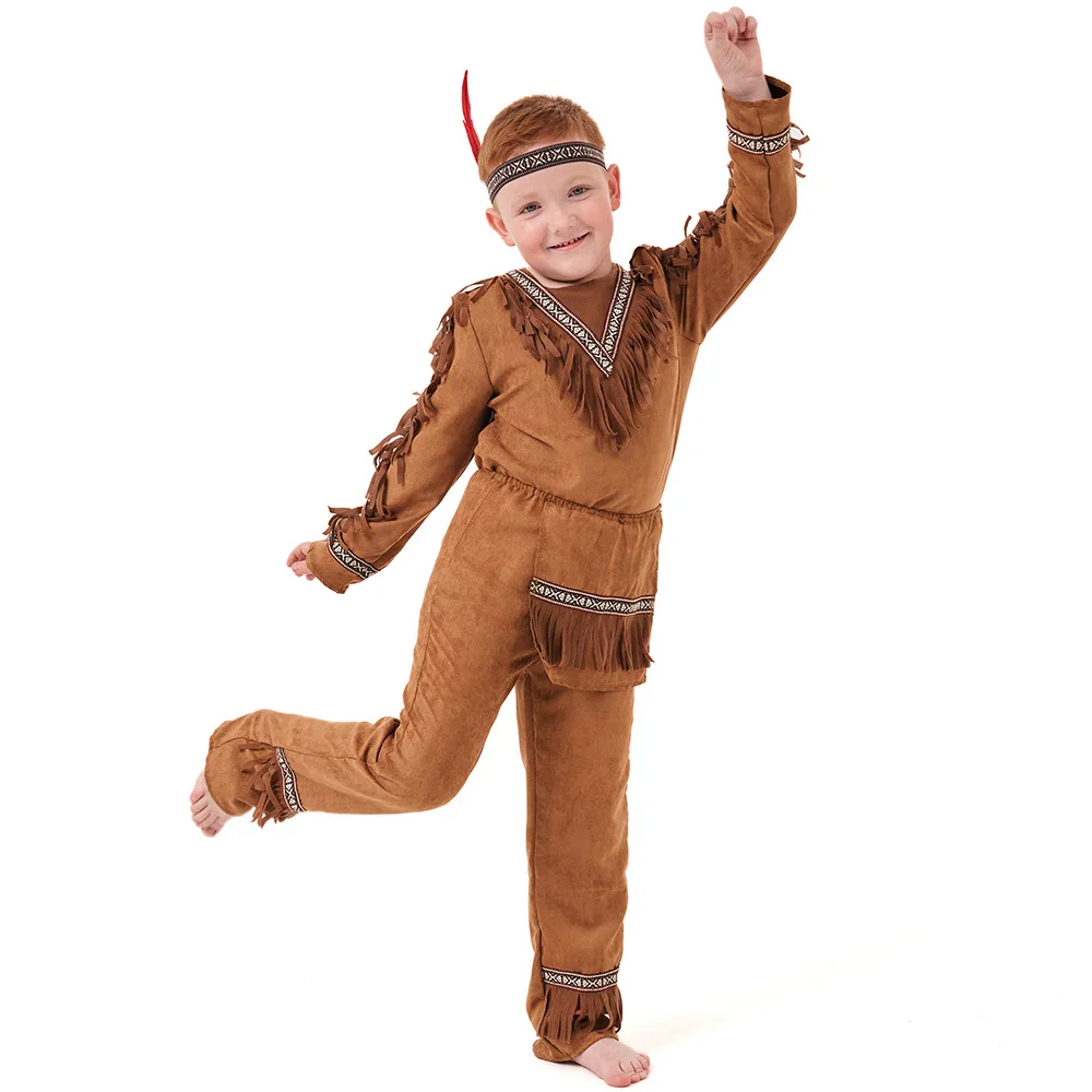 Kids Cosplay Costume Kids Halloween Native Costume Boys Brown Color American Indian Tribal Warrior Outfits