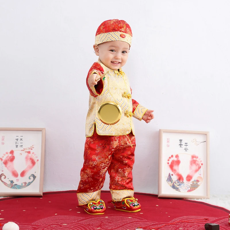 2023NEW Tang Suit Chinese Traditional Costume For Newborn Baby Boys Embroidery Winter Red New Year Birthday Gift Christmas Shoes