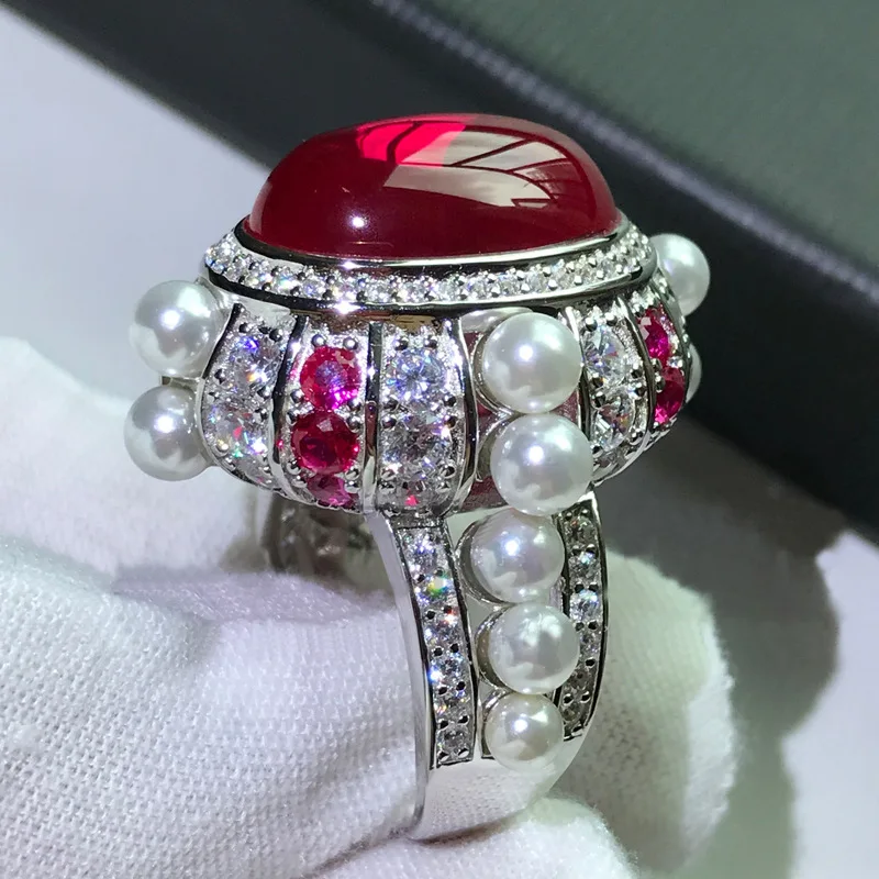 

Handmade Ruby Pearl Diamond Ring 100% Real 925 Sterling Silver Party Wedding Band Rings for Women Men Engagement Jewelry Gift