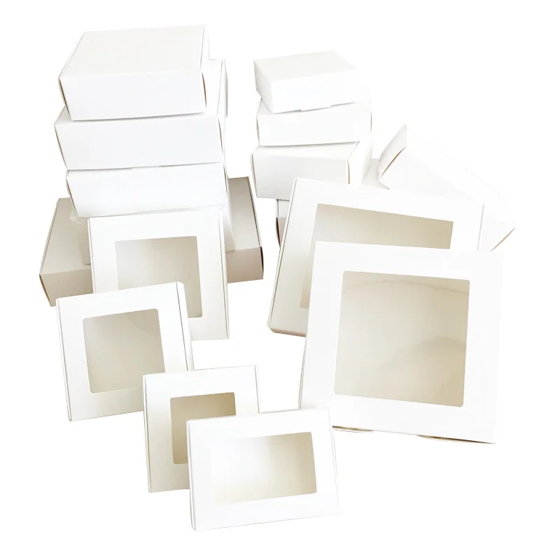 5/10 pz 10x10 cm Scatole per torte di carta Kraft con finestra Bomboniera di nozze Caramelle Biscotti Regali Scatola di imballaggio per la decorazione della festa di compleanno di nozze