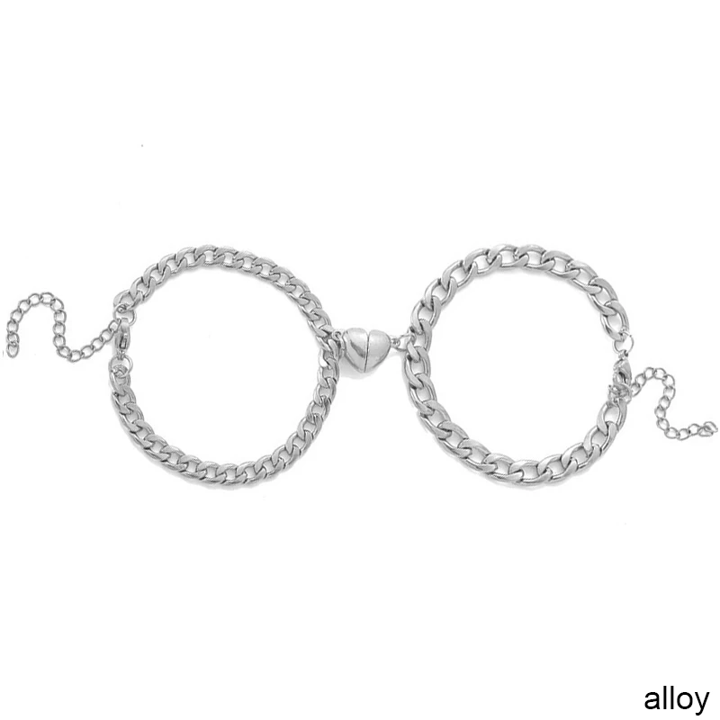 Heart Attraction Magnetic Couple Bracelets with Key Lock Charm - Stainless Steel Cuban Chain Set