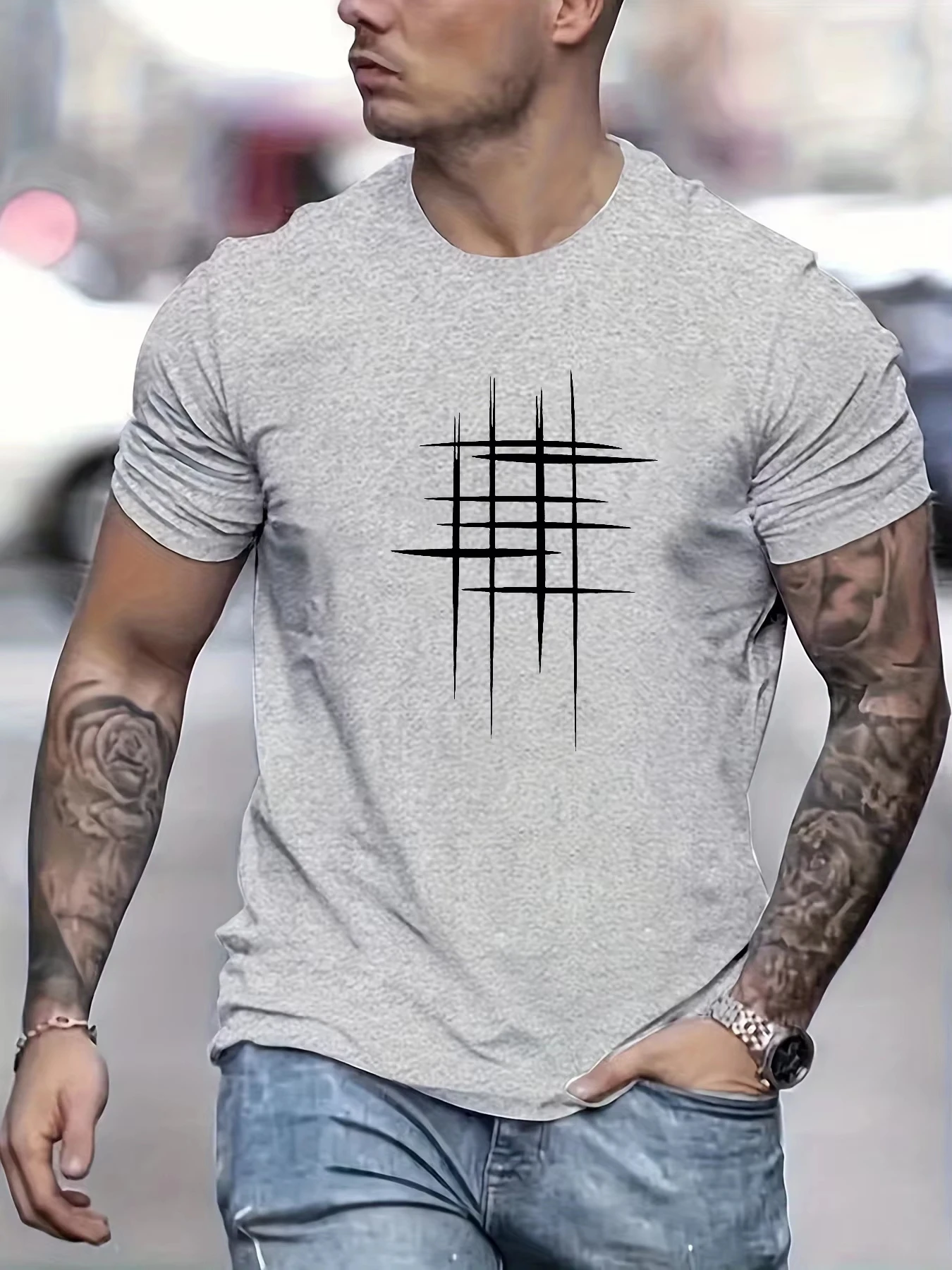 Summer Men's Cotton Casual Loose Size Graphic Line Print Round Neck Short Sleeve T-shirt Top Summer Men Clothes T shirt Men