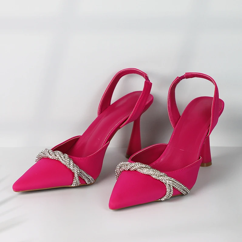 

Sexy Summer Women's High Heel Sandals Luxury Diamond Cross Chain Design Fashion Stiletto Pink Wedding Shoes Ladies Footwear