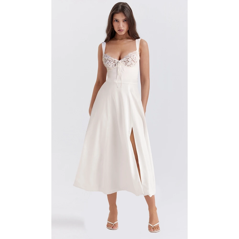 

Combhasaki Women Elegant Fairy Summer Wide Spaghetti Strap White High Waist Split Hem Tie-up Lace Floral Party A-line Long Dress