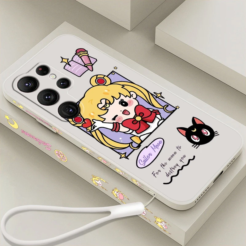 

Anime Cute Sailor Moon Gril Liquid Left Rope For Samsung Galaxy S23 S22 S21 S20 FE S10 Ultra Plus Lite 5G Cover Cover