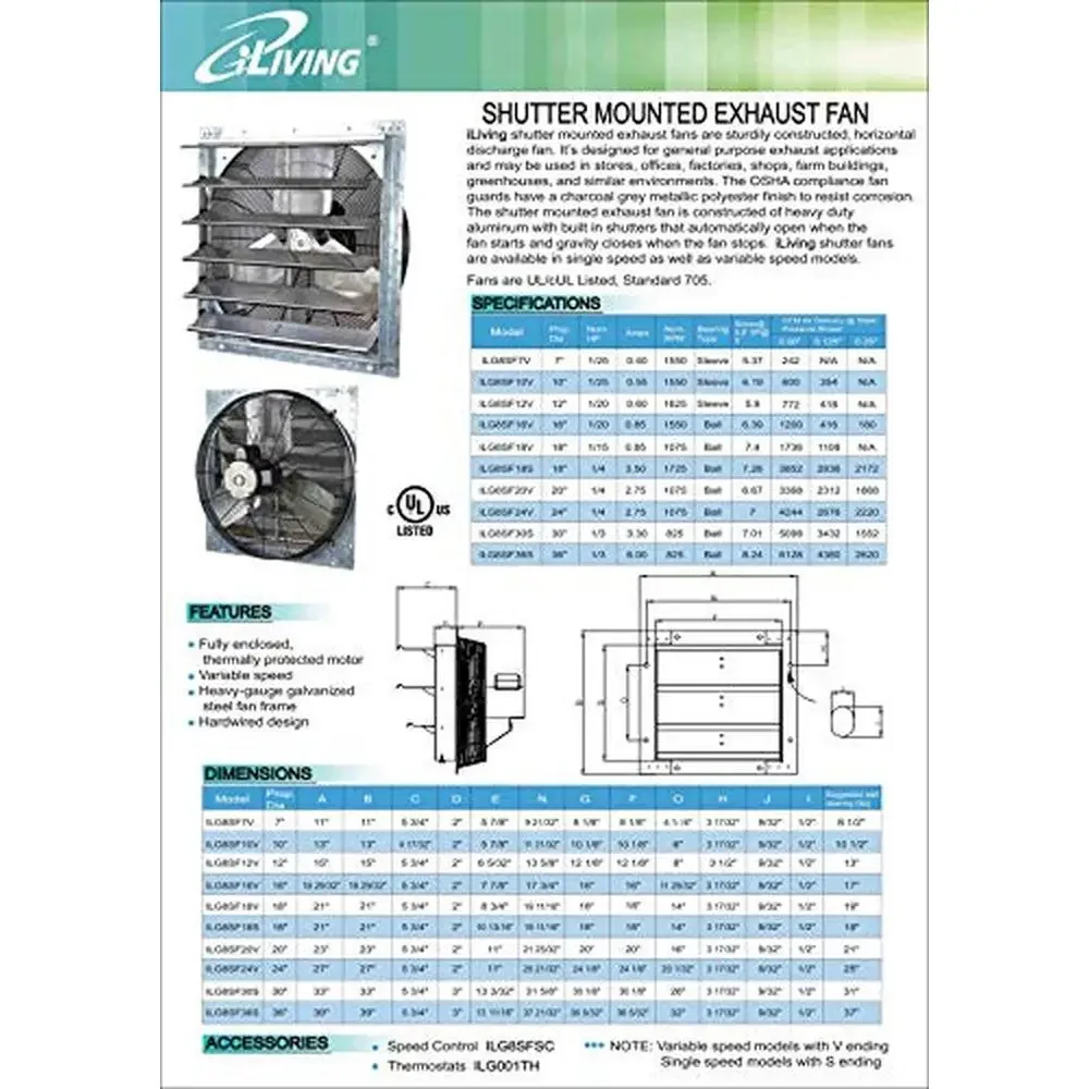 24" Wall Mount Exhaust Fan Variable Speed Vent Home Attic Garage Shutter Fan Cooling & Ventilation