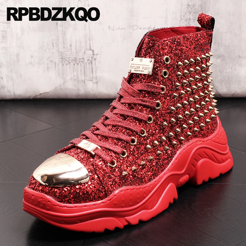 Black Red Metal Spikes Studs Punk Rock Mens High Top Sneakers Shoes