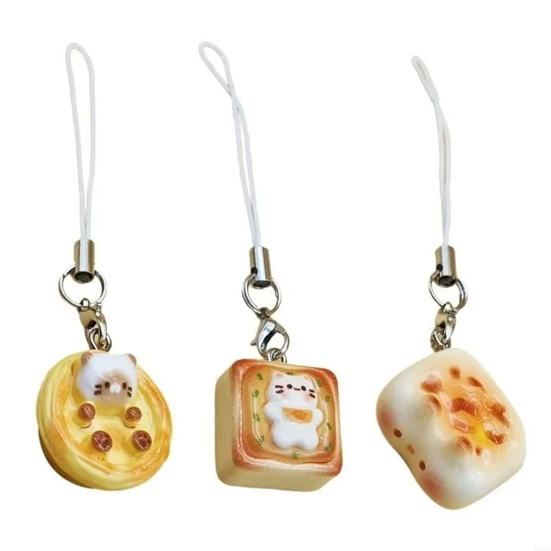 3pcs 일본식 고양이 빵 휴대폰 참 장식 새끼 고양이 토스트 키체인 폰 줄 손목 스트랩 분실 방지 폰 끈 액세서리