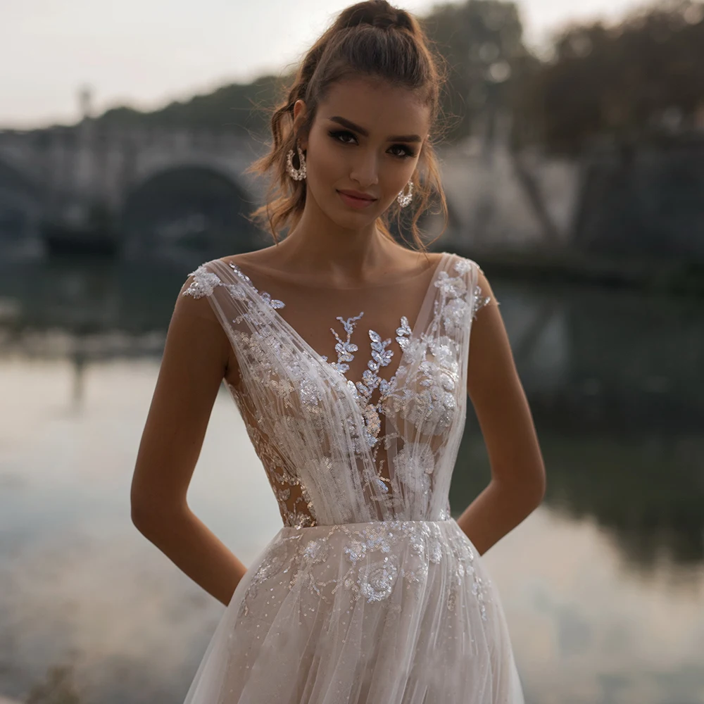 long sleeve wedding dresses Glitter Tulle Ruched Lace Wedding Dress 2022 For Women Robe De MarieeCustom Made A Line Sequined Applique Scoop Neck Transparent bridal dresses