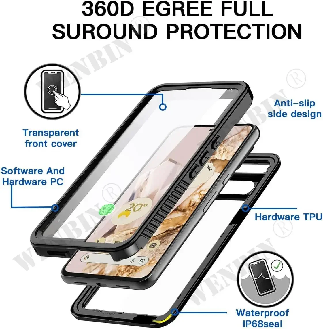 IP68完全防水仕様 Google Pixel 10ProXL 10 10Pro 9A 9ProXL 9Pro 9 8A 8Pro 8 7A 7Pro  7 6A 防水ケース カバー 防水 防塵 カバー クリア 耐衝撃 透明 グーグル のための防水浸水許容カバー浜のプールのカヤックのダイビングの水泳釣 for Google Pixel 4 XL (2019) - ブ