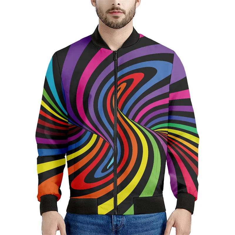 thumbnail image 1 of Chaqueta con cremallera y diseño geométrico de arcoíris a la moda para hombre, sudadera con rayas de colores con estampado 3D, chaquetas bomber urbanas geniales para niños, abrigos, 1 of 5
