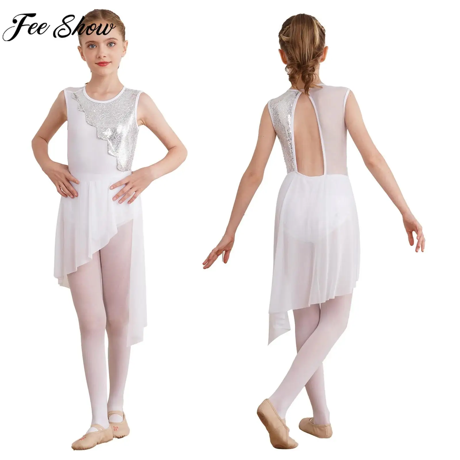 

Girls Ballet Lyrical Dance Dress Figure Skating Gymnastics Dancewear Sleeveless Shiny Sequin Irregular Hem Mesh Leotard Tutu