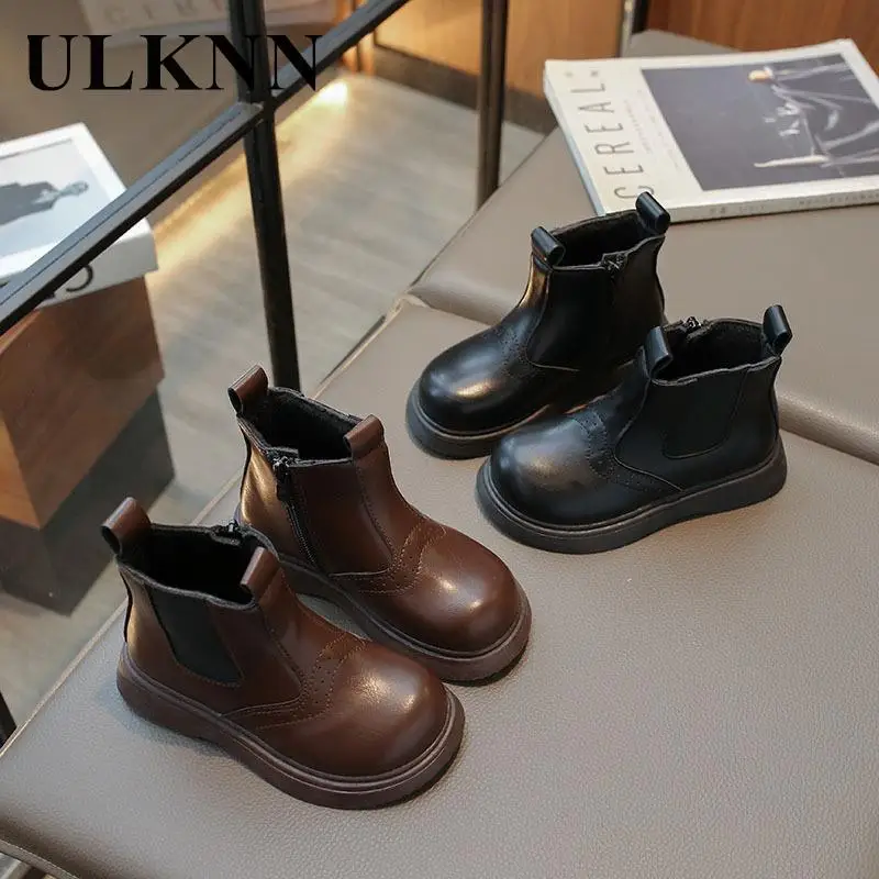 

Girls' Shoes Children's Black Leather Boots Winter 2023, New British Style Plush Shoes Baby Fashion Short Boots Warm Insulation