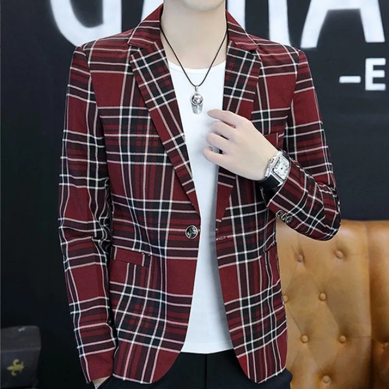 Men's Single Row Suit Buckle Plaid Pattern Suit Top mens blazer