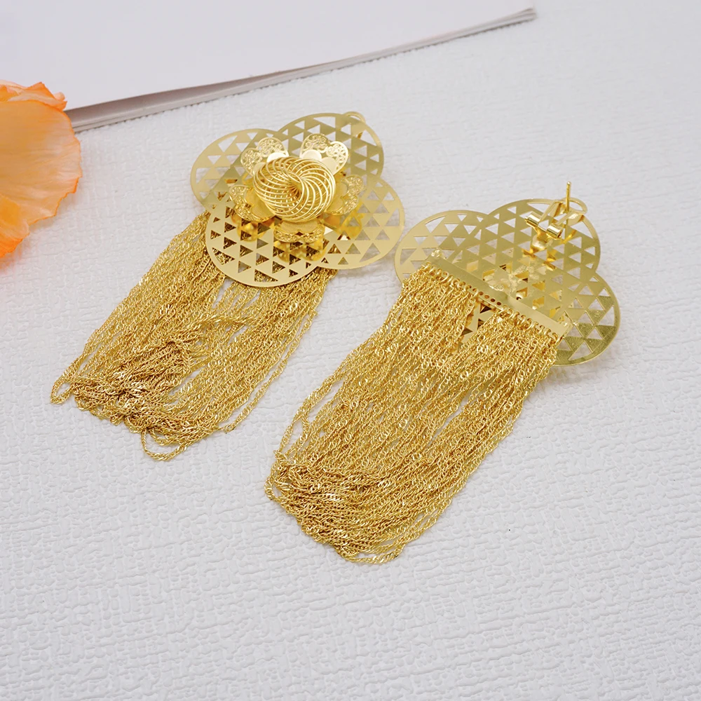 Nigerian Bridal Wedding Earrings Long Big Tassels African Dubai Gold Color Drop Earring Party Indian Ethiopian Jewelry Gift
