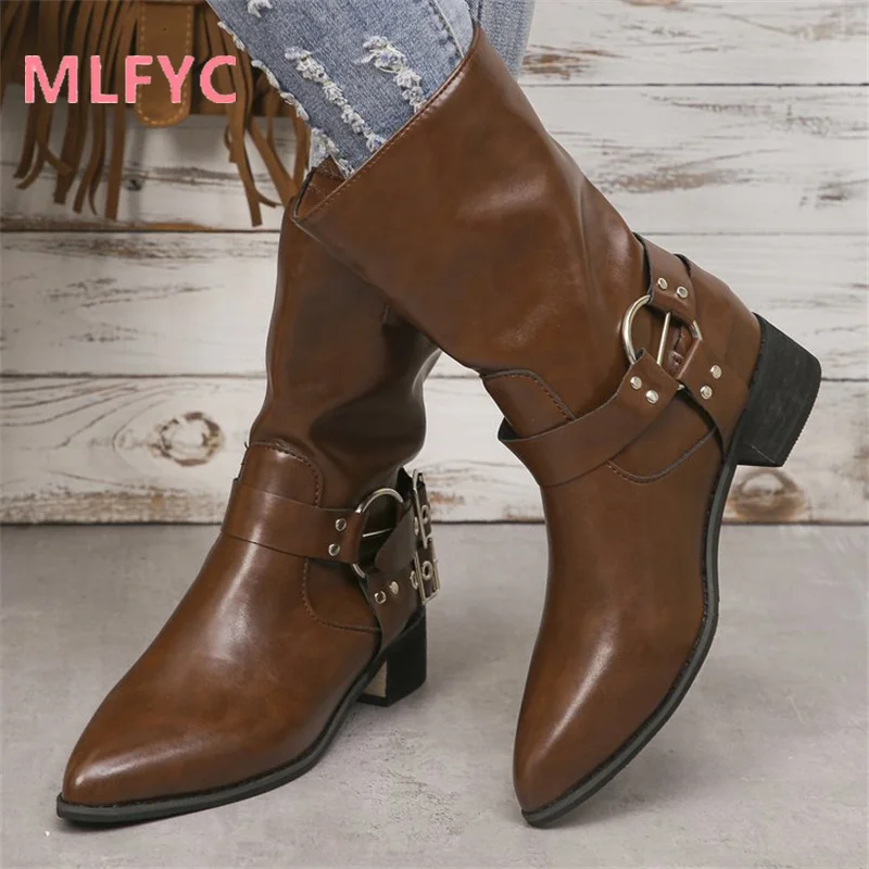Knight Boots Women's 2023 New Autumn/Winter British Style Retro Thick Heel Pointed Metal Buckle Fashion Women's Boots mujer