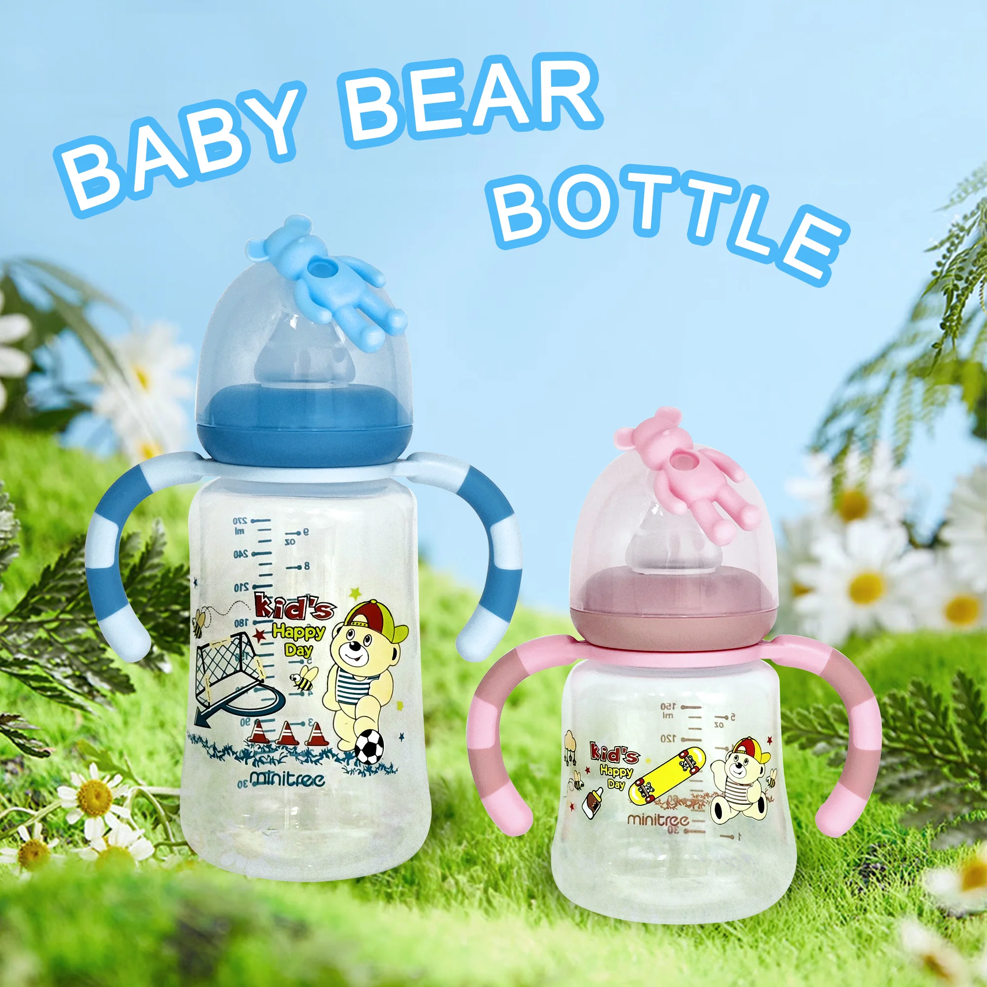 1PCS Bear wide diameter PP baby bottle with handle, clear scale, anti-flatulence baby bottle 2-in-1 can play and drink