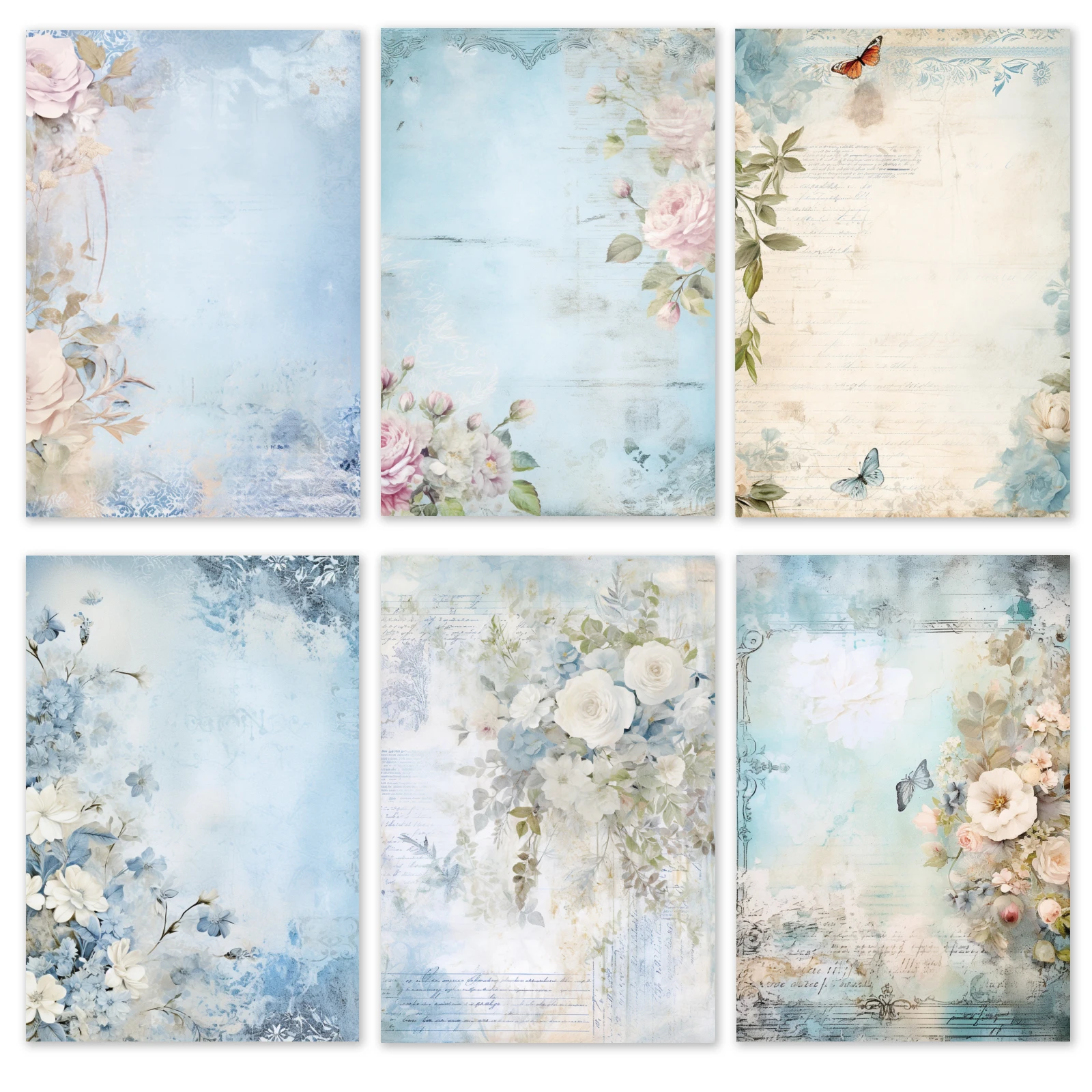 Vintage Flower Scrapbook Paper Blue Background 24 Sheets DIY Art Crafts Papers Junk Journal Card Making Gift Wrappinig scrapbook paper,craft paper,scrapbooking material,scrapbook materials,diy craft materials,scrapbooking paper