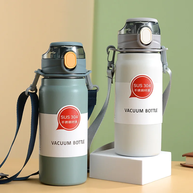 304 Sport Vacuum Flask With Straw Portable Thermos Mug With Strap 600Ml
