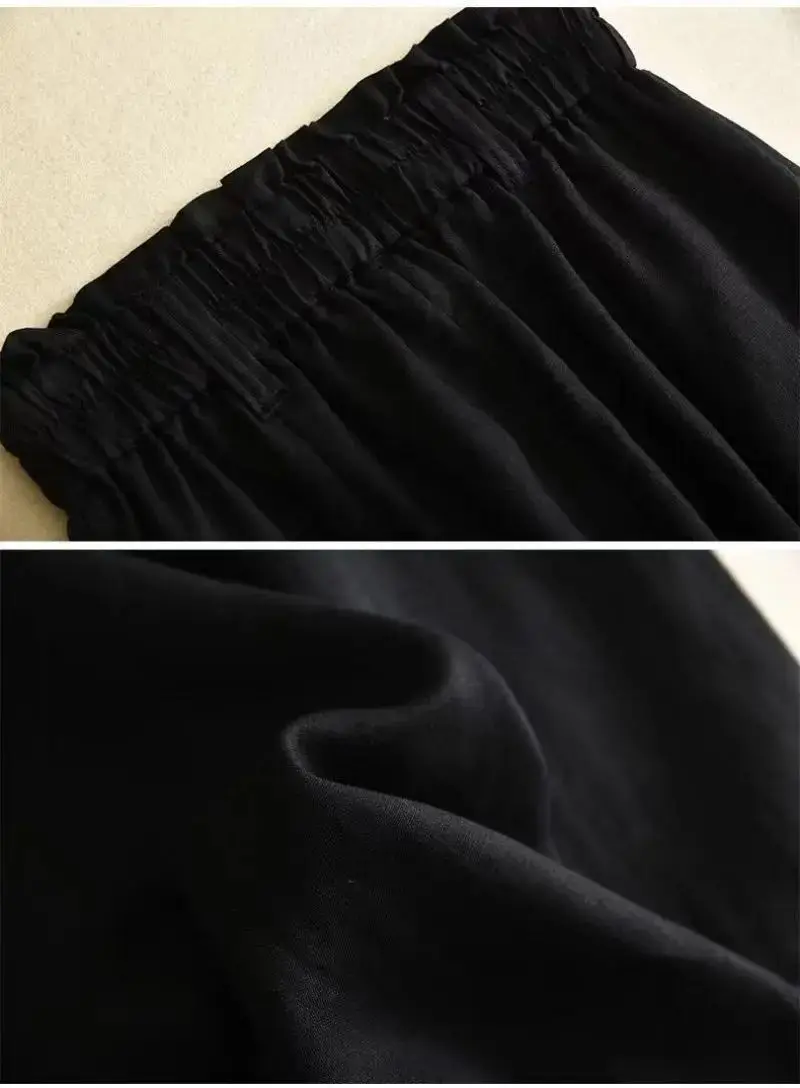 Pantalones holgados de pierna ancha para mujer, ropa básica informal de lino liso, elástica, de cintura alta, hasta el t
