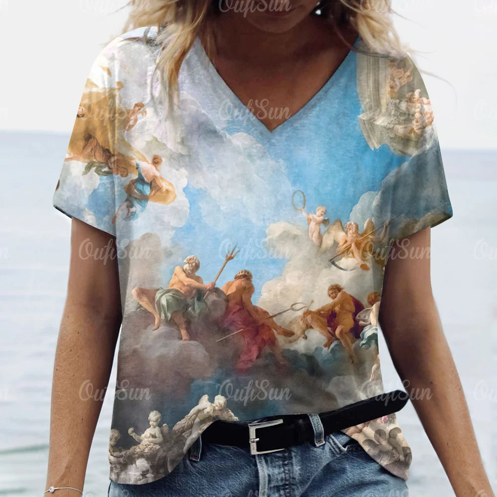 

Футболка женская с V-образным вырезом, топ с коротким рукавом, пуловер с 3D-принтом церкви, уличная одежда для отпуска, на лето