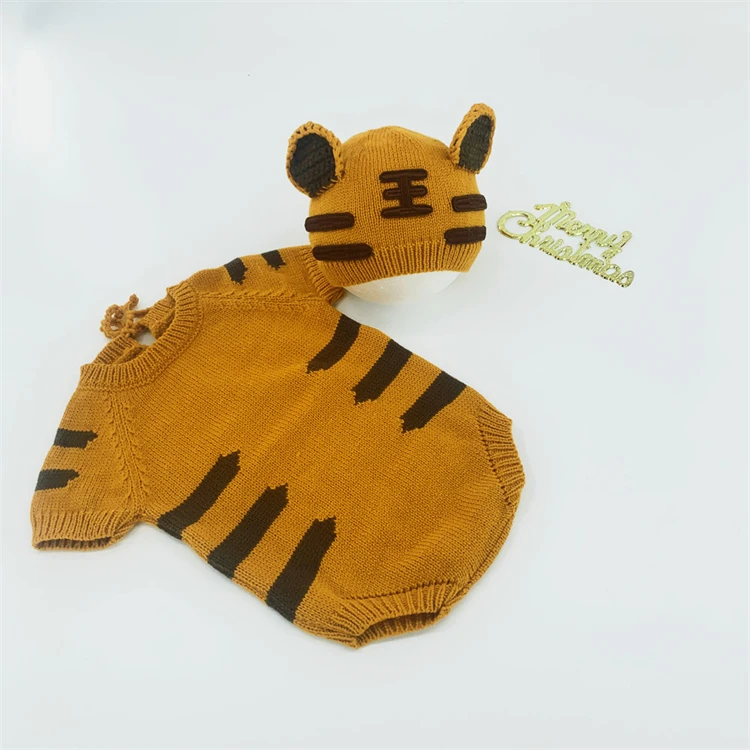 newborn baby clothing gift set Tiger Theme Baby Photo Shoot Clothing Knitted Romper Hat 2pcs Set Infant Boy Girl Photography Clothes Costumes Short Sleeve 3-6M Baby Clothing Set expensive