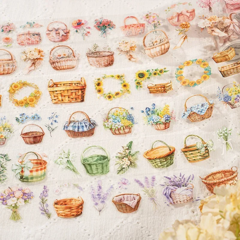 1Roll PET Adhesives Handbook Tape Flowers Picking Flowers Season Basket Collage Bottoming Decoration Scrapbook 60mm*2m 5