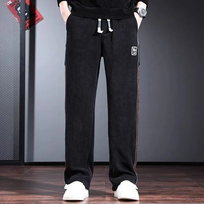Summer New Fashion Versatile American Patchwork Straight Pants Men's Solid Elastic Waist Drawstring Pocket Loose Casual Trousers