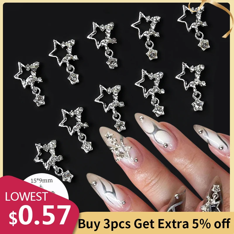 10pcs Silver Pentagram Star Nail Art Charm Super Shiny Pendant Nail Dangle Luxury Nail Decoration Glitter Supplies Manicure