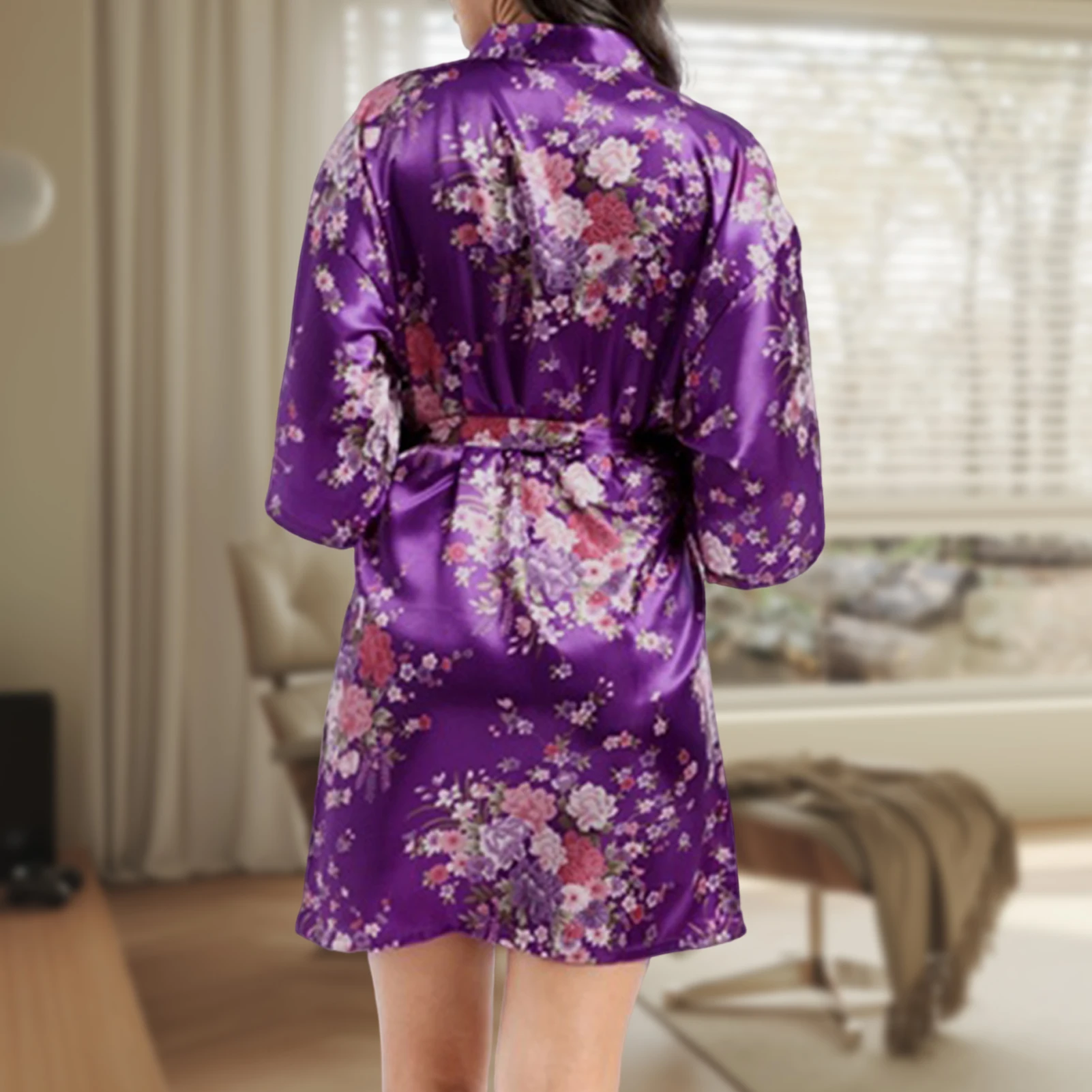 Summer Cardigan Robe Japanese Style Floral Printed Ladies Bath Short Robe Traditional Slim Fit Long Sleeve Sleepwear Outfit