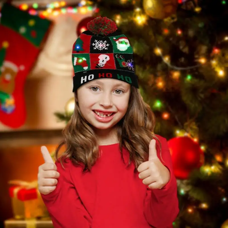 Christmas LED Christmas Beanie Hat Winter Warm With Poms Outdoor Light Up Hat Unisex Flashing Caps For Home Party